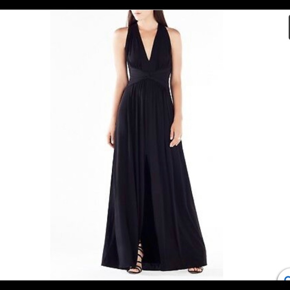 BCBG deep v open back black gown size 8